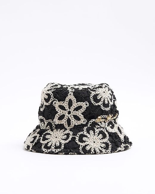 River Island Black Crochet Floral Bucket Hat