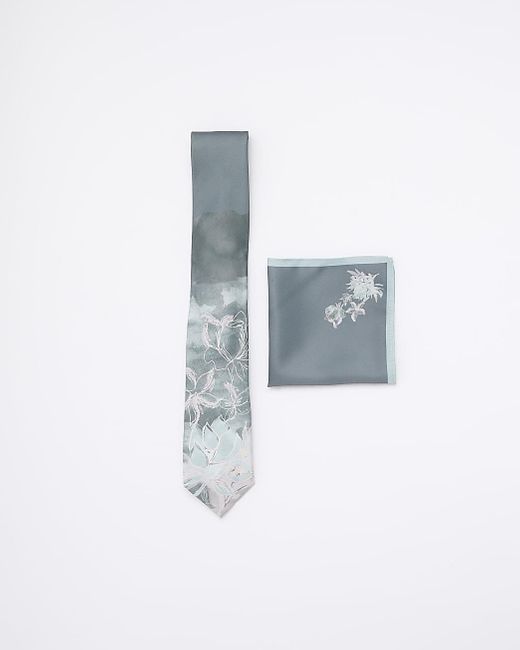 River Island Blue Floral Tie And Handkerchief Set for men