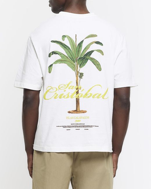 River Island White Ecru Palm Tree Graphic T-shirt for men