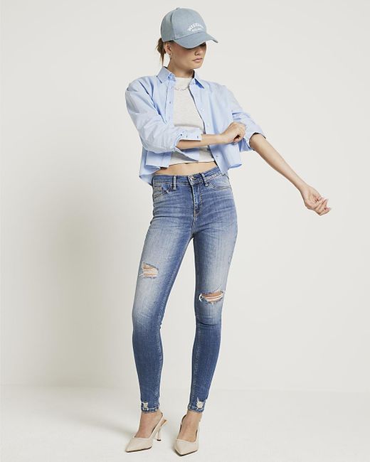 River Island Blue Mid Rise Molly Super Skinny Jeans