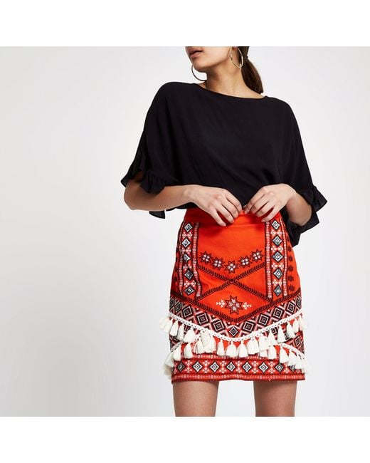 River Island Red Tassel Embroidered Mini Skirt