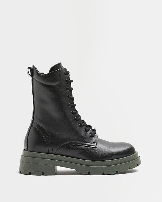 River Island Faux Leather Chunky Biker Boots in Black | Lyst