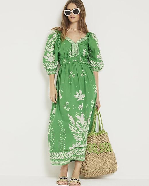 River Island Green Floral Puff Sleeve Swing Maxi Dress