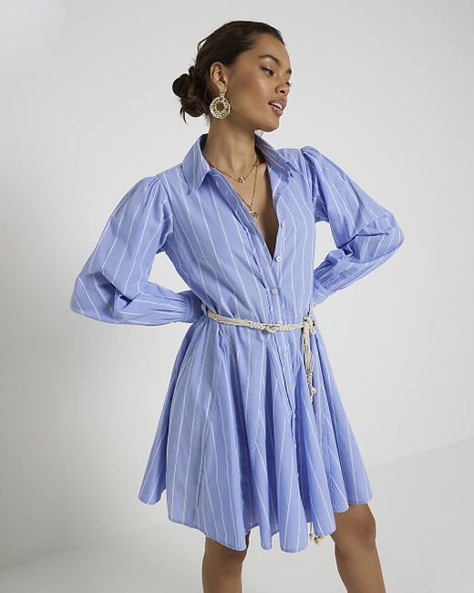 River Island Petite Blue Stripe Belted Mini Shirt Dress