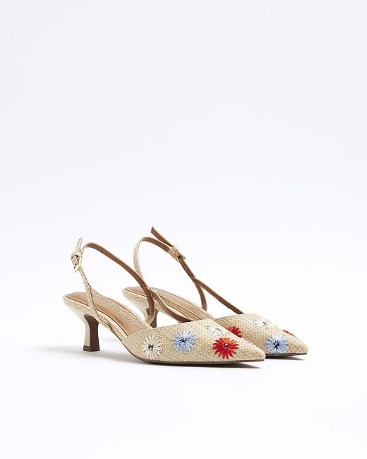 River Island White Beige Embroidered Heeled Sling Back Shoes