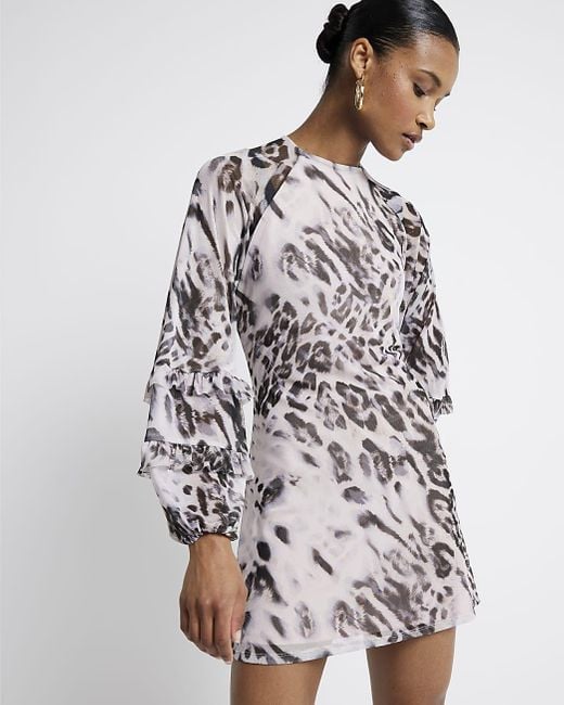 River Island White Grey Leopard Print Frill Swing Mini Dress