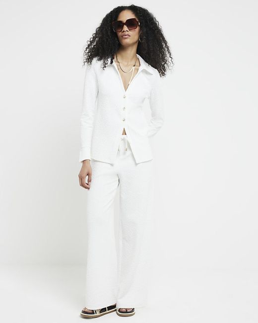 River Island White Textured Wide Leg Trousers