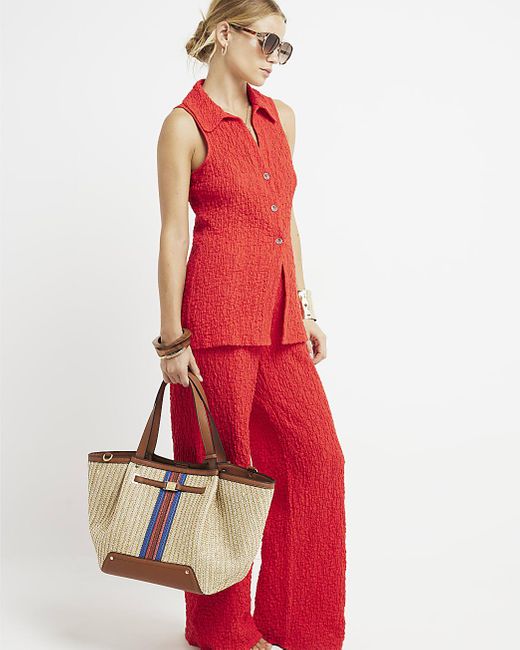 River Island Red Textured Wide Leg Trousers