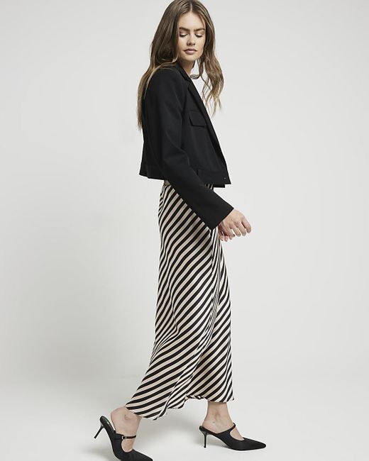 River Island Black Beige Satin Stripe Maxi Skirt