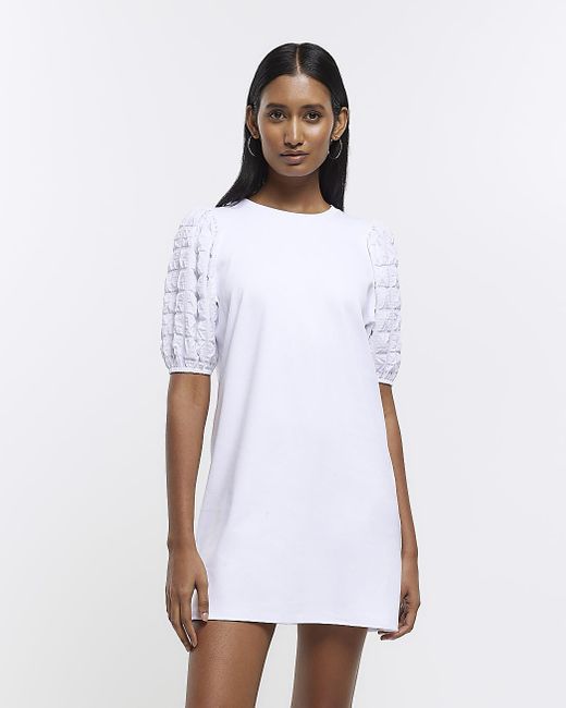 River Island White Textured Puff Sleeve T-shirt Mini Dress