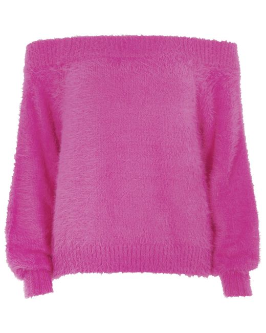River Island Pink Bright Bardot Fluffy Knit Jumper