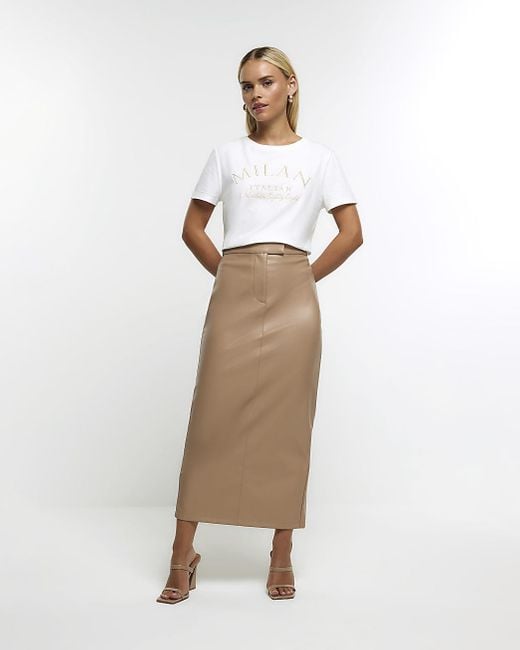 River Island Petite Brown Faux Leather Midi Skirt in White | Lyst Canada