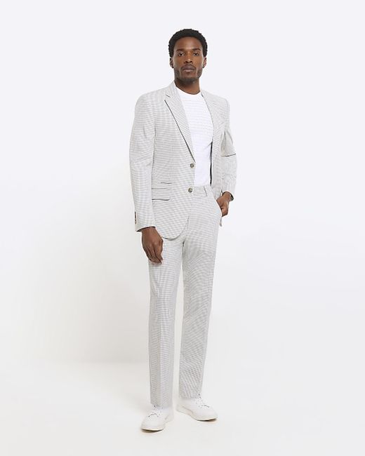 River Island White Grey Skinny Fit Gingham Suit Pants for men