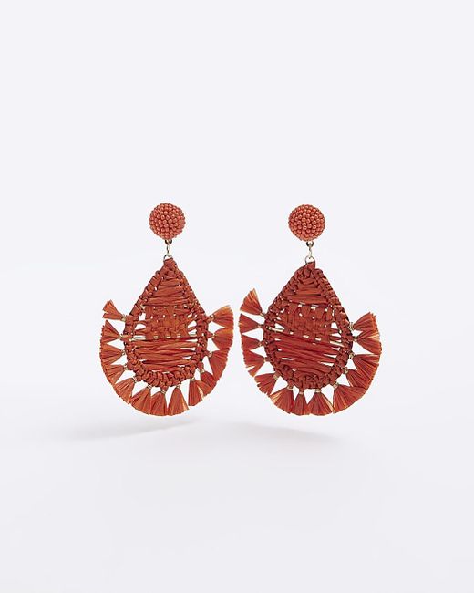 River Island Red Orange Raffia Tassel Drop Earrings