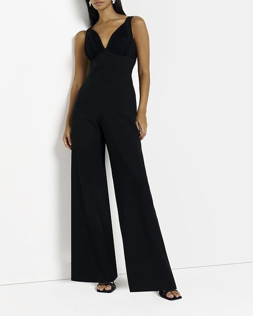 River Island Mesh Detail Wide Leg Jumpsuit in Black (Blue) | Lyst
