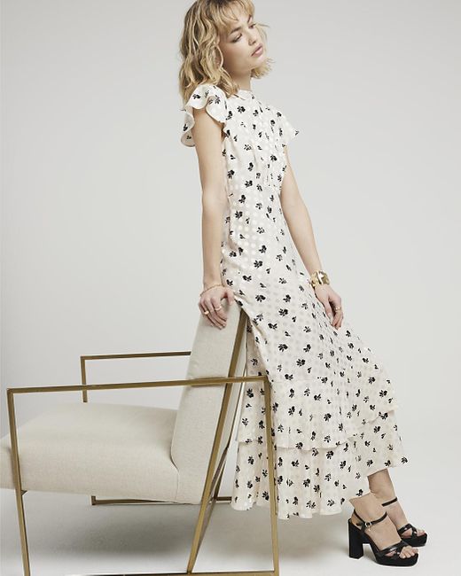River Island White Floral Open Back Sawing Midi Dress