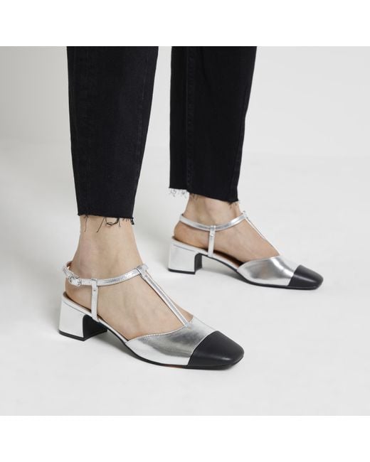 River Island Black Silver Block Heeled Court Shoes