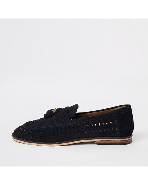 River Island Blue Navy Suede Woven Tassel Loafers for men