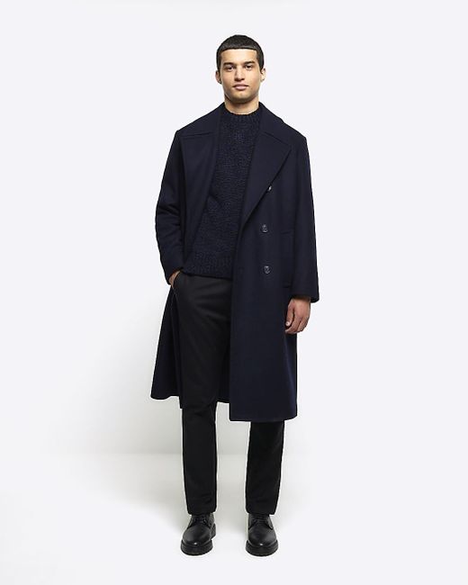 River Island Wool Blend Premium Coat in Blue for Men | Lyst