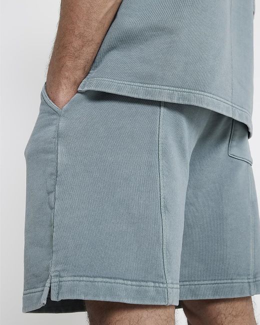 River Island Blue Washed Green Regular Fit Loopback Shorts for men