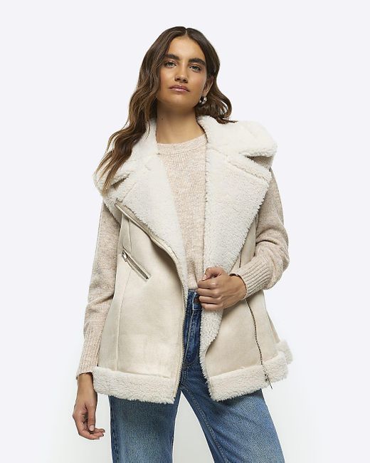 River Island Suedette Borg Lining Gilet in Natural | Lyst Canada