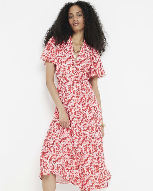 River Island Pink Red Floral Belted Midi Shirt Dress