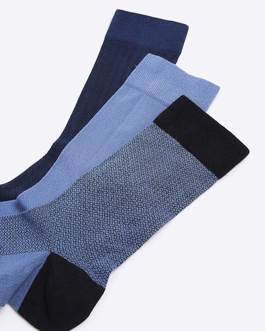 River Island Blue 3pk Geometric Bamboo Ankle Socks for men