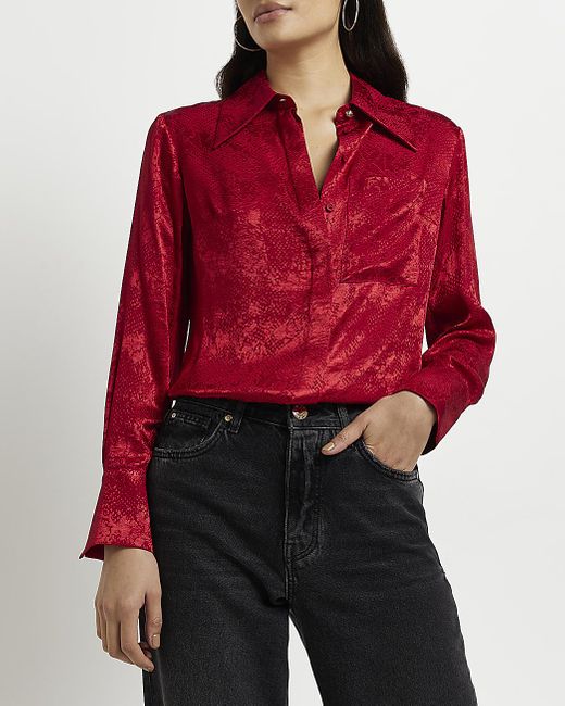 River Island Animal Print Satin Shirt in Red | Lyst