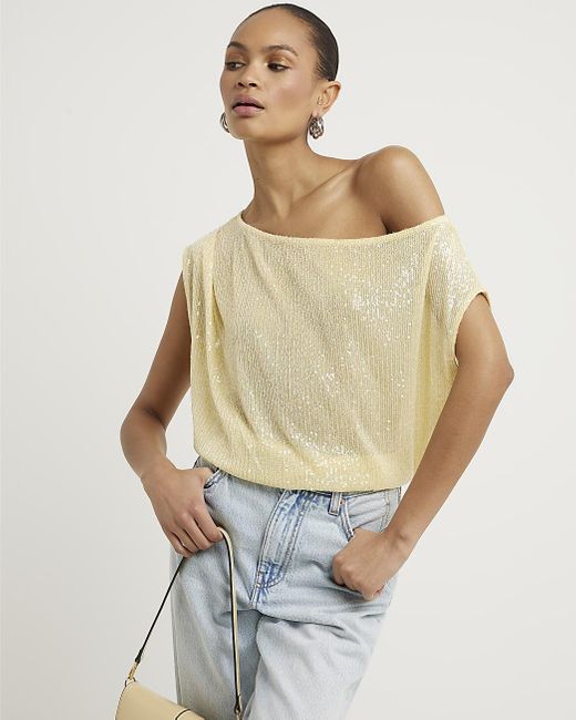 River Island White Yellow Sequin Off Shoulder Top