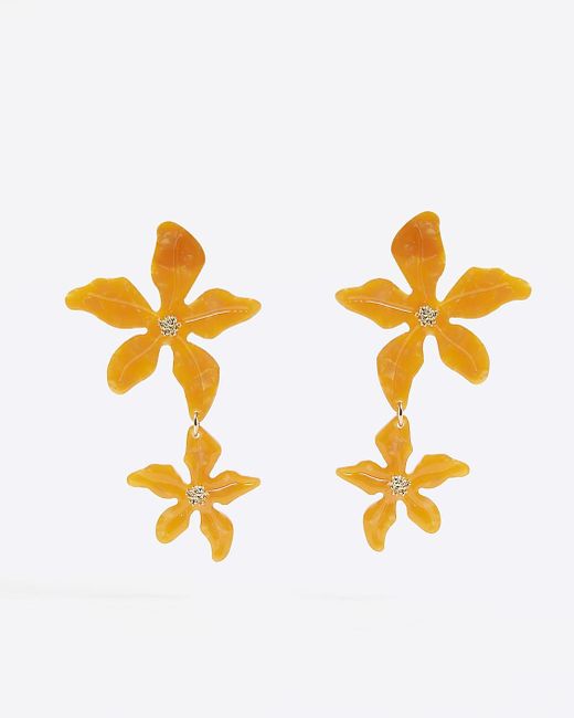 River Island Metallic Orange Flower Drop Earrings