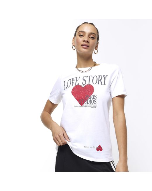 River Island White Heart Graphic T-shirt