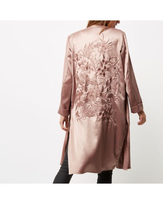 River Island Pink Embroidered Duster Coat