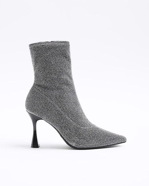 River Island Silver Wide Fit Glitter Heeled Ankle Boots in Grey | Lyst  Canada