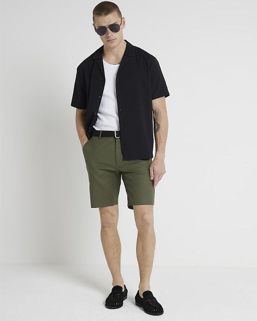 River Island Blue Khaki Slim Fit Belted Chino Shorts for men