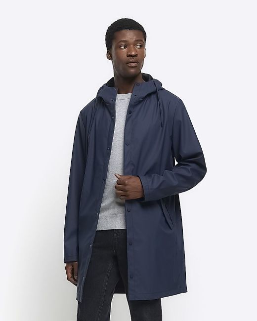 River Island Blue Navy Regular Fit Hooded Rain Coat for men