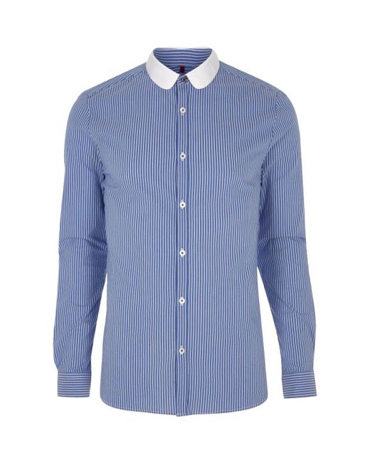 River Island Blue Stripe Contrast Penny Collar Shirt for men