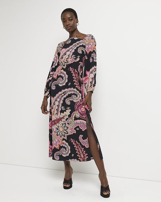 River Island Paisley Cut Out Long Sleeve Maxi Dress in Black (White) Lyst