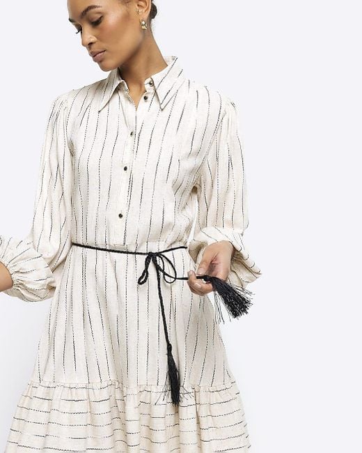 River Island White Beige Stripe Belted Mini Shirt Dress