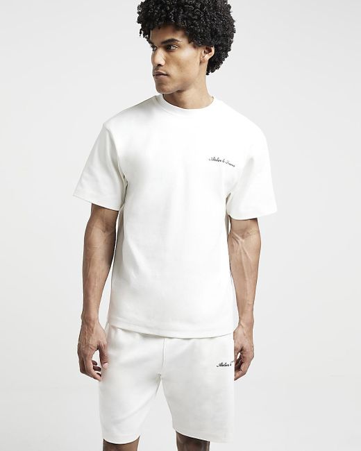 River Island White Beige Regular Fit Embroidered T-shirt for men