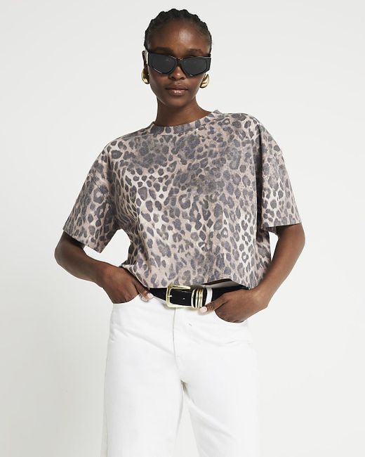 River Island Gray Cropped Leopard Print T-shirt