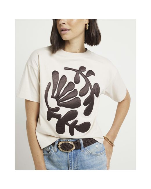River Island White Beige Leaf Graphic T-shirt