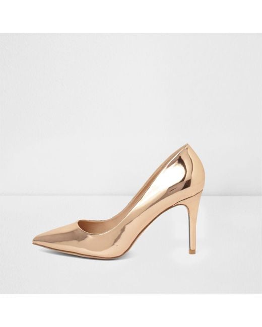 River Island Pink Rose Gold Metallic Mid Heel Court Shoes Rose Gold Metallic Mid Heel Court Shoes