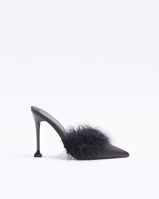 River Island Black Feather Trim Heeled Court Shoes