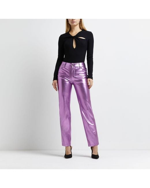 Petite black faux leather straight trousers  River Island