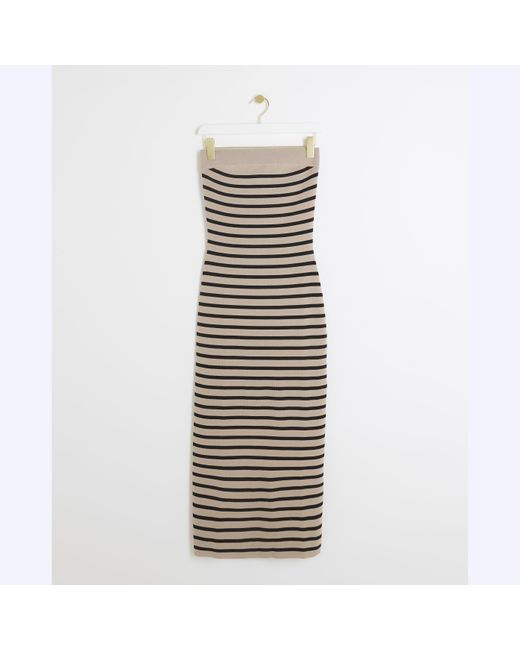 River Island Natural Ribbed Stripe Bodycon Midi Dress