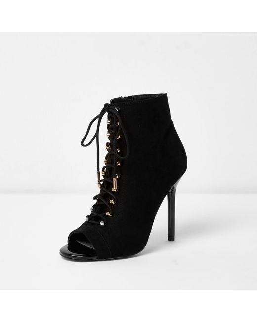 Black Open Toe Lace-up Heeled Boots 