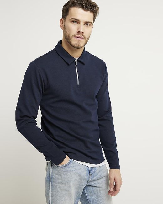 River Island Blue Navy Slim Fit Textured Half Zip Polo for men