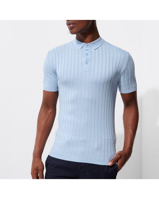 River Island Light Blue Muscle Fit Ribbed Knit Polo Shirt for Men Lyst
