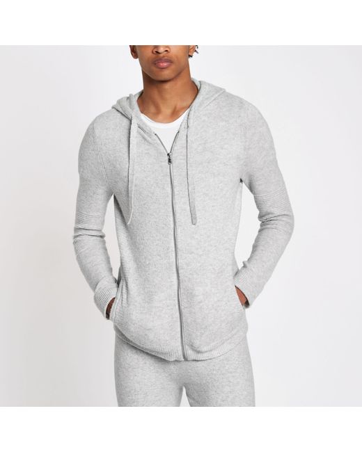 River Island Gray Grey Knit Muscle Fit Zip Hoodie for men