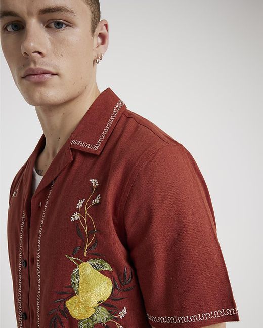 River Island Rust Regular Fit Embroidered Lemon Shirt for men